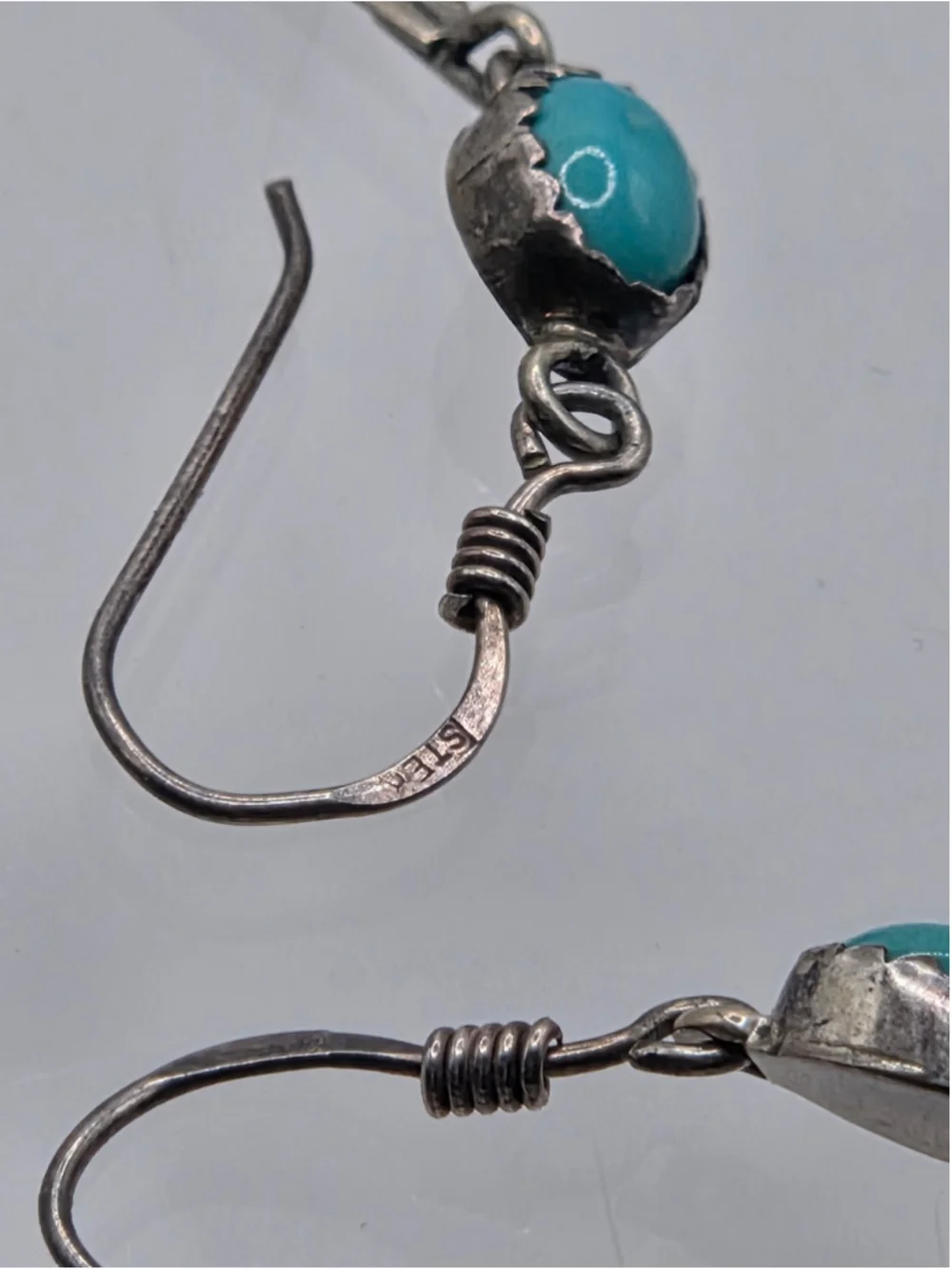 Vintage Sterling Silver Feather Turquoise Dangle Earrings